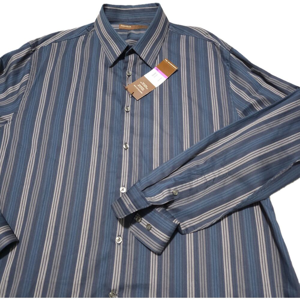 Perry Ellis Men’s Dress Shirt Blue Striped Long Sleeve Button Up 19/38